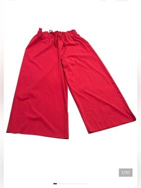 Super Wide Leg SHEIN Red Breezy Beach Pants Elastic Waist Hi-Rise 1XL Ruffles